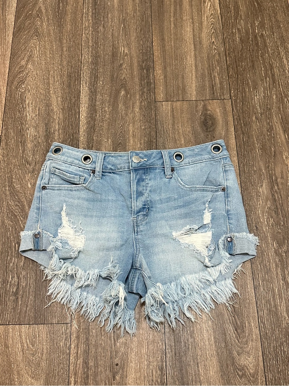 Altar'd State Light Blue Distressed Denim Shorts with Fringe